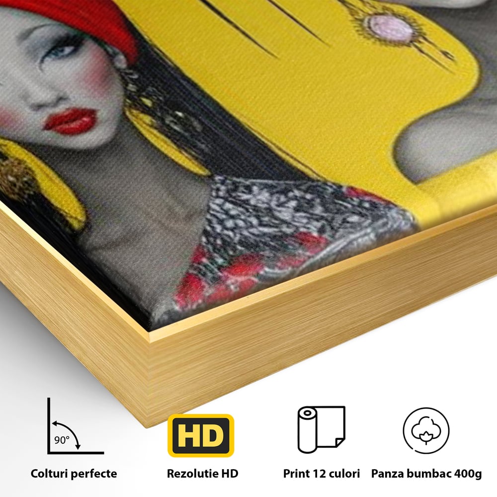 Detaliu al suprafetei: ilustratie canvas cu patru femei stilizate, in rama de aluminiu auriu